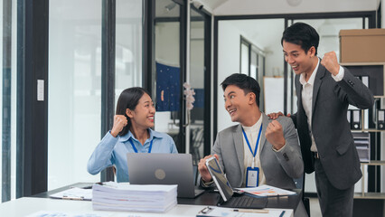 Asian business people teamwork strategy corporate meeting in progress, brainstorming ideas, leadership decision-making executives in conference boardroom, productive people engaged in problem-solving