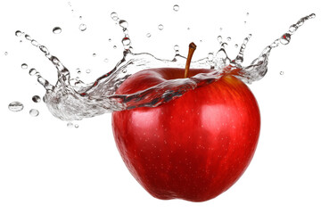 Fresh red apple splashing into water on transparent background - high quality PNG