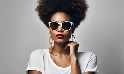 Beautiful stylish african american woman fashion runway model posing in oculus