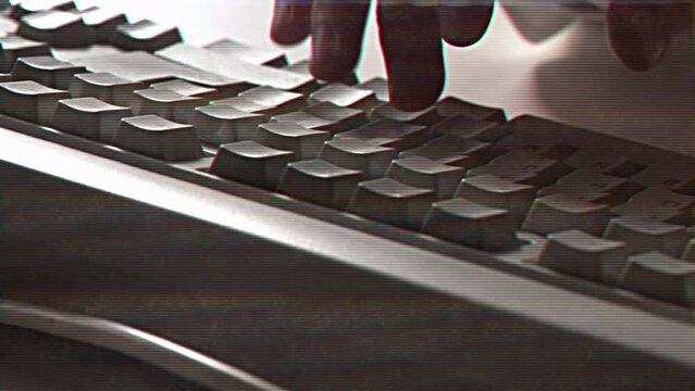 Computer engineer developer is working on old vintage computer 1990s. Antique classic pc keyboard and programmer typing hands. Internet web digital startup history. Outdated retro technology concept