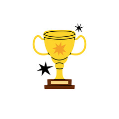 Cartoon cup. Gold goblet. Competition and tournament golden winner prize. Business award, game victory sign, first place trophy. Isolated doodle elements. Achievement icon. Vector modern illustration