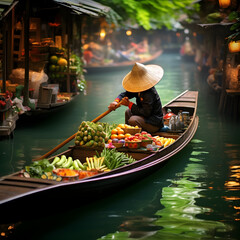 Obraz premium A boat in a floating market in Southeast Asia. Represents travel and food shopping in countries such as Thailand. Generative ai. 