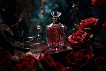 Obraz na płótnie Canvas perfume bottle with rose floral theme enveloped in an aura of sophistication