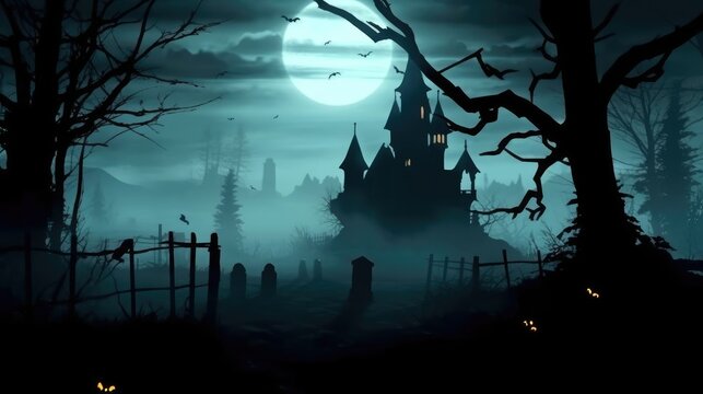 haunted house silhouette, full moon, spooky forest