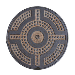Old metal manhole cover isolated on white