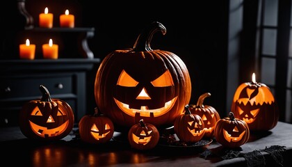 Jack-o-lanterns and Candles in a Dark Room on Halloween Night