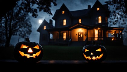  Two Jack-o-lanterns in Front of a Spooky House at Night on a full moon