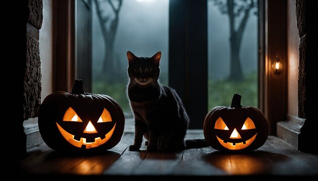 Black Cat in front of the Window with two Halloween pumpkin
