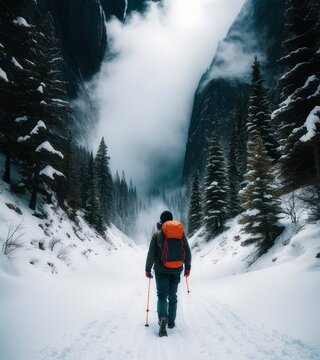 A hiker carrying a large backpack walks on the snowy mountain plains amid severe blizzard weather.Generative AI.