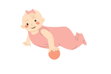 cute baby girl in a pink jumsuit playing with ball