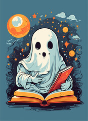 Ghost reading books artwork of t-shirt graphic flat illustration wallpaper