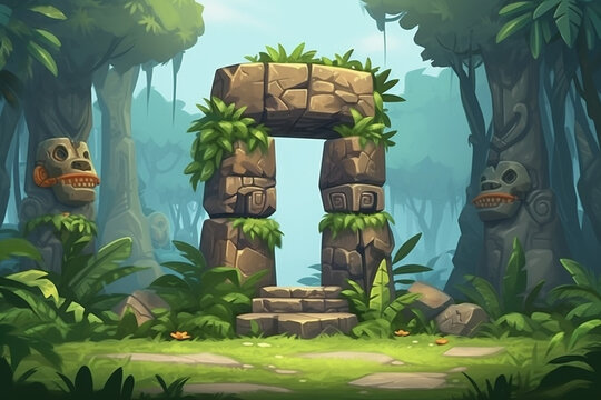 A portal in the jungle. Stone gates overgrown with plants. An ancient ritual monument or ruins.
