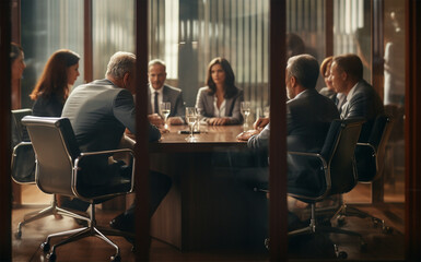 Fototapeta premium business people behind closed doors discussing their problems at a round table. Generative Ai