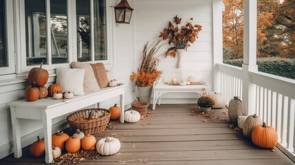 Cottage porch exterior in autumn-fall boho decor with pumpkin 