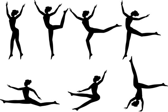 Set of gymnast poses. Silhouette.  Young gymnast is doing exercises. Acrobatics isolated vector