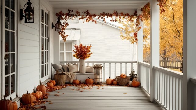 Cozy Cottage Porch Exterior With Autumn Decor 
