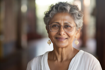 Beautiful elderly well-groomed Indian lady with short gray hair, clear glasses in metal frames, earrings in ears, white blouse, with a delicate smile stands on a blurred interior background. Close-up - obrazy, fototapety, plakaty