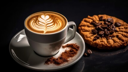 Coffee cup with latte art and cookies on black background. Background with a Copy Space.