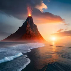 Zelfklevend Fotobehang valcano eruption mountain in the middle of sea © Anns