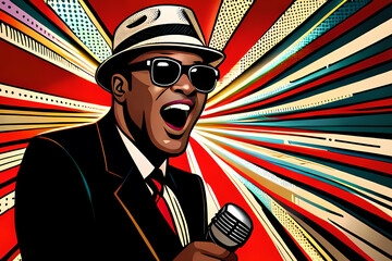 Black singer with microphone on multicolour background - 643037781