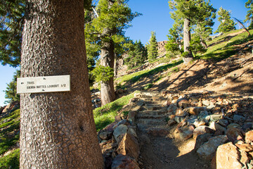 Sign on the hiking trail to the Sierra Buttes Fire Lookout in Sierra County California, USA...