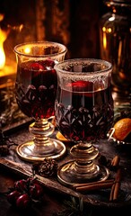 two glasses of mulled wine with cran and cinnamon on the side, surrounded by christmas decorations in the background