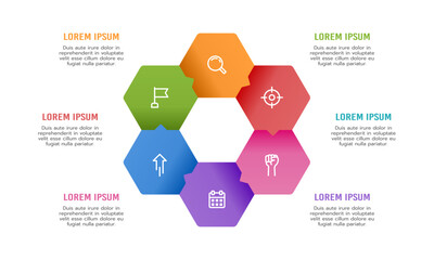 Infographic message popup shape hexagon. 6 process infographic template. Vector illustration.