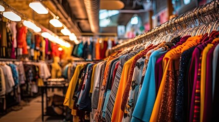 clothes hanging on racks in a clothing store, with focus to the top part of the image and blurred background