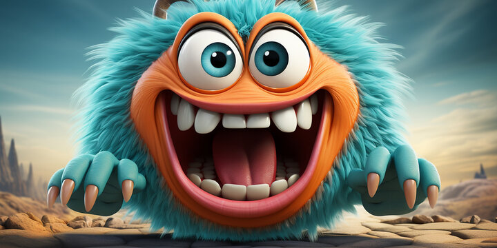 Kleines buntes s&uuml;&szlig;e Monster mit frechen Grimassen und glubbsch Augen cartoon, ai generativ
