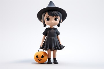 3d cute girl character in witch’s outfit for halloween on white background. AI generated