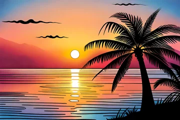 Foto op Plexiglas Sea beach with palm silhouettes at sunset © Roman Sigaev