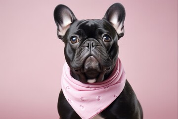 Adorable French Bulldog Sitting in a Pink Bandanna: Cute Dog Fashion Accessory with Copy Space for Animal Clothing Ads