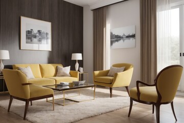 Interior mockup with picture frame on a Wall. Living room with sofa and painting on a wall 3D render.