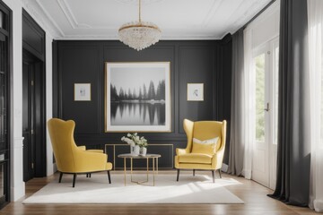 Interior mockup with picture frame on a Wall. Living room with sofa and painting on a wall 3D render.