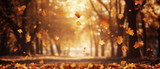 Landschft im Herbst mit fallenden Blättern, Hintergrund in Orange und Gelb, Generative AI