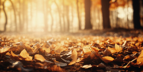 Herbst im Wald mit gelben und orangenen Blättern, Sonniger Hintergrund, Generative AI