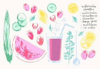Hand drawn summer watermelon smoothie recipe illustration