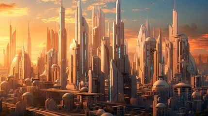 a futuristic city with skyscrapers in the fore, and an orange sunset behind