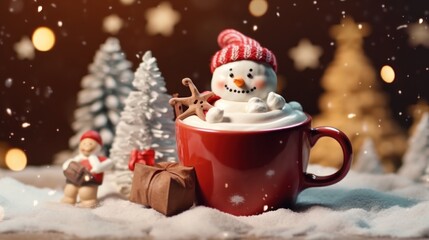 Cup of hot cocoa with marshmallow snowman, gift box and Christmas tree on snowy background.
