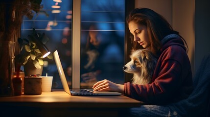 A girl sitting at home with a curious dog at the table is working on a laptop.