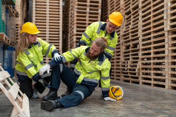 Man worker feeling pain in his leg lying on the floor from accident while working in warehouse. Male and female colleagues helping him. Safety, Industry, Healthcare, Insurance Concept.