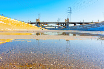 Storm Channel View of the LA River with Two Bridges