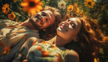 Title: A relaxed couple on a date. Laying in a field of flowers. Sleeping beside each other. Summer days. Freedom and love. Young people. Comfortable vibe. Weekend escape. Golden hour. 