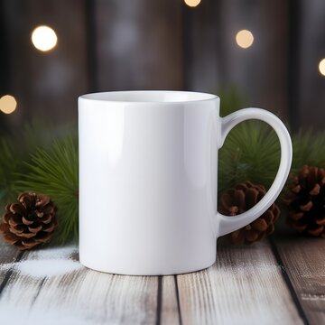 White blank mug 11oz mock up product photography background, Christmas themed, Bokeh lights, pine cones, Christmas balls, presents, Christmas Tree
