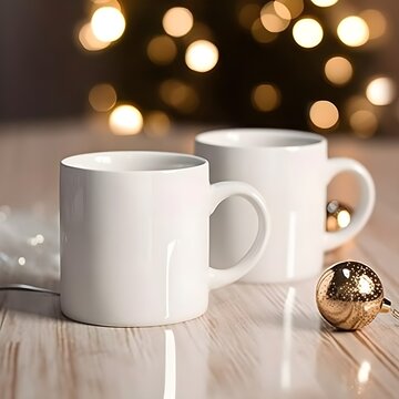 White blank mug 11oz mock up product photography background, Christmas themed, Bokeh lights, pine cones, Christmas balls, presents, Christmas Tree