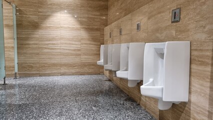 White urinals in men's bathroom. Men's restroom with white porcelain urinals in line. Modern clean...