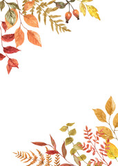 Fall leaves and foliage corner border. Autumn botanical frame. Watercolor hand-drawn seasonal plant illustration.