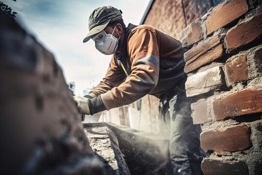 construction worker laying bricks on a construction site, close-up