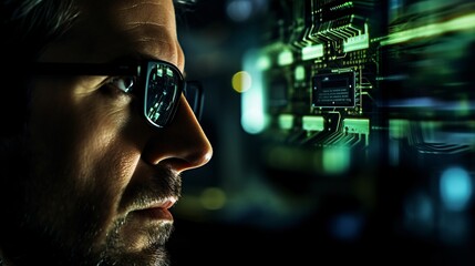 male hacker in a room in front of monitors