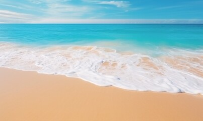 Fototapeta na wymiar Beautiful tropical wave of summer sea surf. Soft turquoise blue ocean wave on the golden sandy beach.